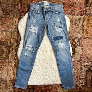 Current Elliot Distressed Patchwork Mid Wash Blue Skinny Jeans